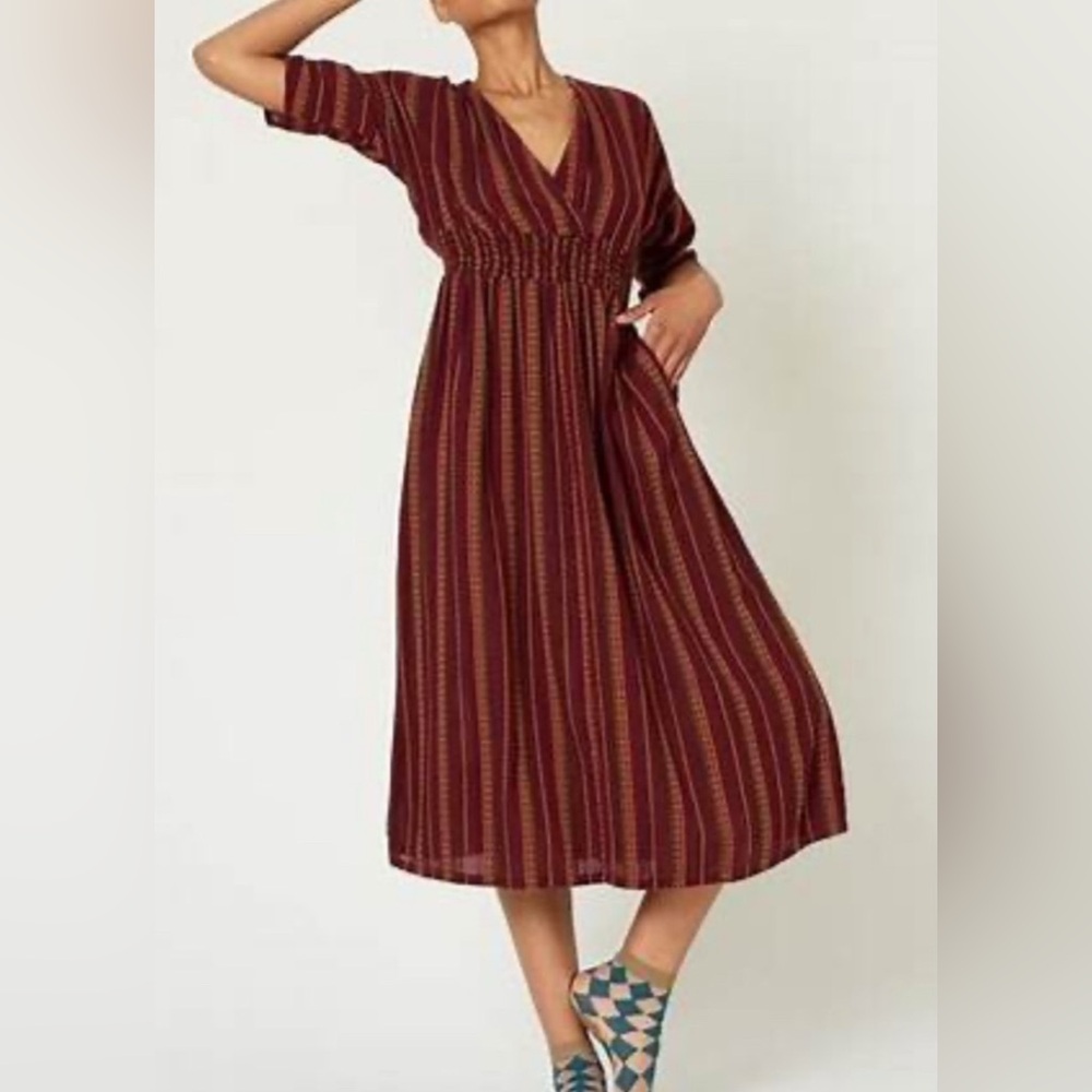 Ace & Jig Dani Midi Dress Garnet Stripe XS Faux Wrap Elbow Length Sleeve Pockets